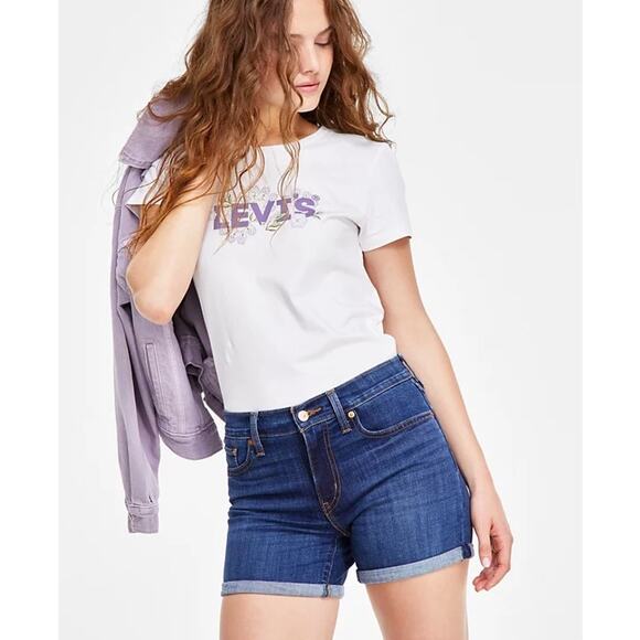 Levi's Blue Denim Jean Mid Rise Mid Length Stretch Shorts SZ 31 - Picture 1 of 12